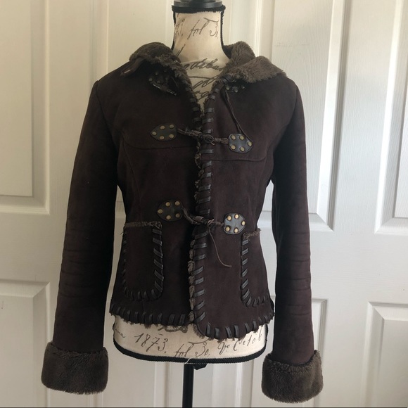 Via Spiga Faux Suede Leather Hooded Fleece Coat - Picture 2 of 8